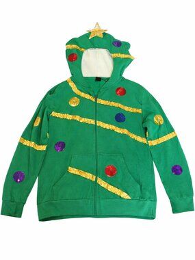 MAD Engine Green Kids Christmas Tree Hoodie with Gold Trim and Colorful Sequins